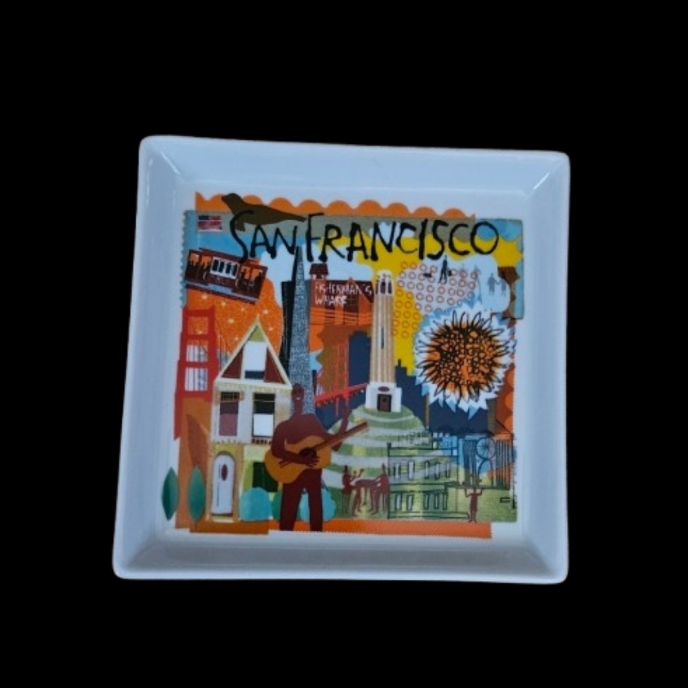 *Crate & Barrel City Scenes Square Appetizer Plates Road Trip Set of 6 - Picture 7 of 8